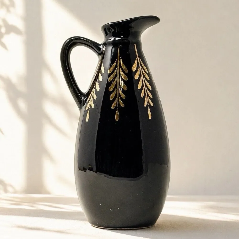 Vintage Black Pottery Pitcher 22K Gold Hand Decorated Cobbs Florida USA 6”